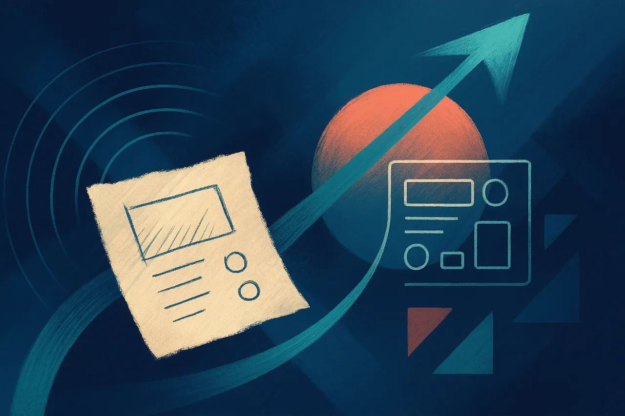 Abstract illustration showing a hand-drawn sketch transforming into a polished digital interface, connected by an upward arrow symbolizing startup growth